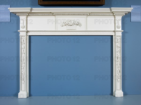 Mantel, 1813. Wooden fire surround with carved grape vines, cornucopia, and baskets of fruit and flowers. Made for Oak Hill, Elizabeth Derby West's country estate in South Danvers, Massachusetts
