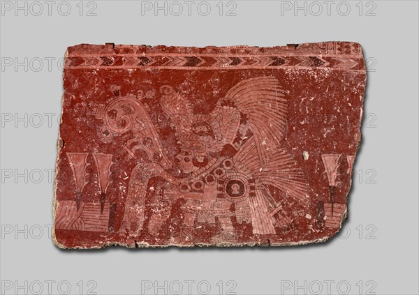 Mural Fragment Representing a Ritual of World Renewal, A.D. 500/600. Frament of a mural from the city of Teotihuacan mural painted in red and white tones that depicts a ritual figure with speach scroll and scatting sacred bjects.