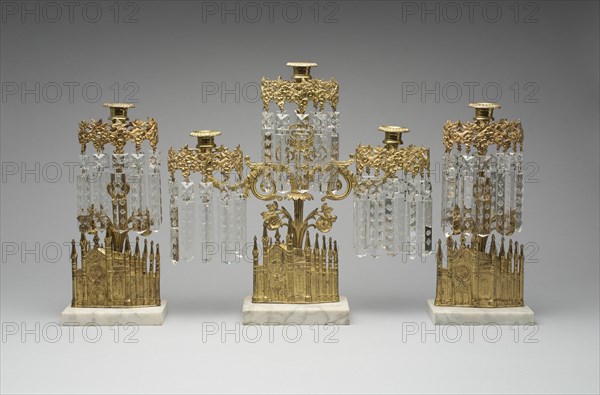 Girandoles, designed 1849. Candleholders with Gothic cathedral design, made of gilt brass, glass, and marble.
