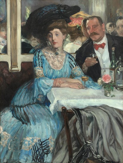 At Mouquin's, 1905. Scene in a New York restaurant: Jeanne Mouquin, the proprietor's wife, shares a drink with James B. Moore, a wealthy playboy and restaurateur, The artist's wife, Edith, and art critic Charles Fitzgerald are reflected in the mirror behind them.