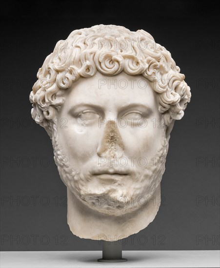 Portrait Head of Emperor Hadrian, 130-138. The white head of a man with a blank expression, a missing nose that has broken off, low cheekbones, curly hair, and a close-cut wavy beard.