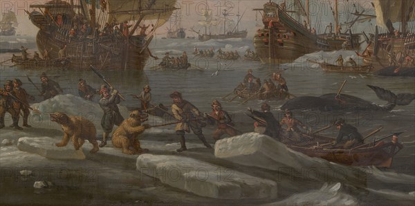 The Dutch Whaling Fleet, 1690/1700. Sailors harpooning whales and attacking polar bears. Detail from a larger artwork.