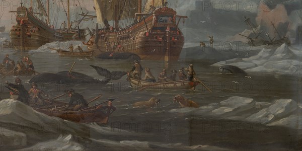 The Dutch Whaling Fleet, 1690/1700. Sailors harpooning whales and attacking polar bears. Detail from a larger artwork.