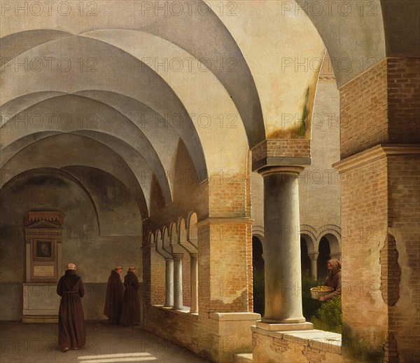 The Cloisters, San Lorenzo fuori le mura, 1824. [The Basilica Papale di San Lorenzo fuori le mura (Papal Basilica of Saint Lawrence outside the Walls) is one of the Seven Pilgrim Churches of Rome, Italy]. Detail from a larger artwork