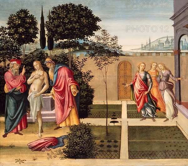 Susanna and the Elders in the Garden, and the Trial of Susanna before the Elders, c. 1500. Detail from a larger artwork.