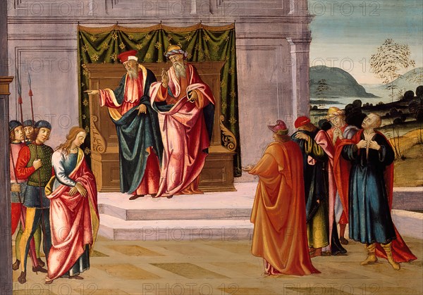 Susanna and the Elders in the Garden, and the Trial of Susanna before the Elders, c. 1500. Detail from a larger artwork.