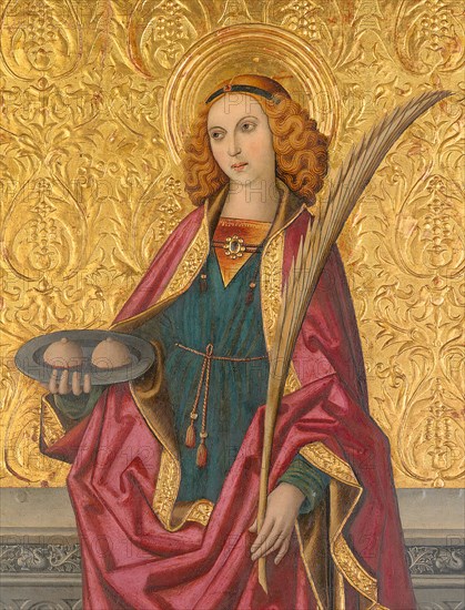 Saint Agatha, About 1500. [Among the tortures St Agatha endured was the excision of her breasts with pincers]. Detail from a larger artwork.