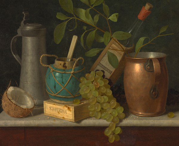 Just Dessert, 1891. Trompe l'oeil scene with half a coconut, copper pitcher, pewter tankard, jar of preserved ginger, Smyrna figs, bunches of grapes and Maraschino liqueur. Detail from a larger artwork.