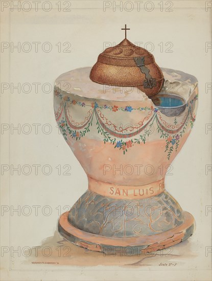 Baptismal Font at San Luis Rey Mission Church, 1936.