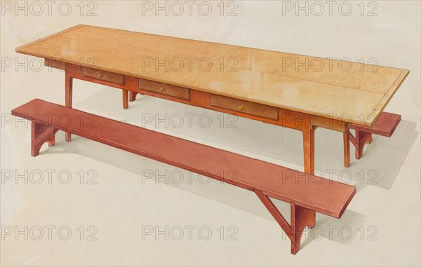 Shaker Refectory Table with Benches, c. 1936.