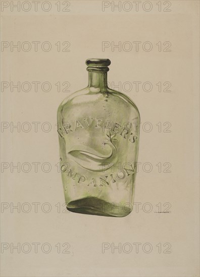 Glass Whiskey Flask, c. 1939. [engraved on bottle: Travellers companion].