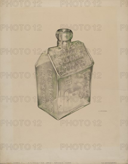 Whiskey Flask, c. 1938.   [Engraved on bottle: E.C. BOOZ'S OLD CABIN WHISKEY.   120 WALNUT STREET PHILADELPHIA].