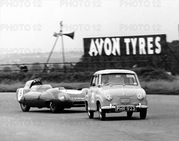 Goggomobil microcar competing in a 6 hour relay race at Silverstone, Northamptonshire, 1957. Creator: Unknown.
