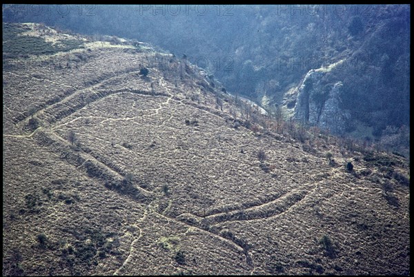 Iron Age univallate hillfort earthwork at Burrington Camp, Somerset, 1971. Creator: Jim Hancock.