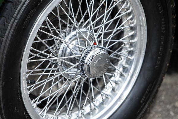 Spoked wheel of a 1961 Aston Martin DB4 GT previously owned by Donald Campbell. Creator: Unknown.