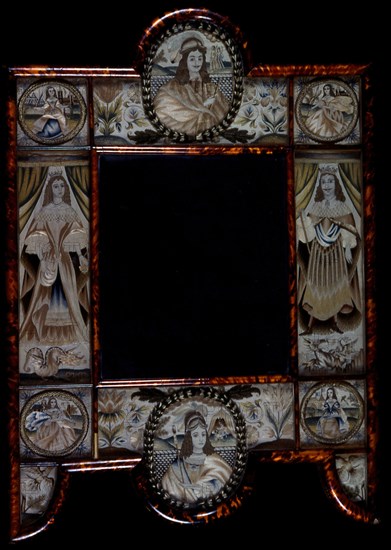 Mirror Showing King Charles II, Queen Catherine of Braganza, and Scenes from the Old Testament... Creator: Unknown.