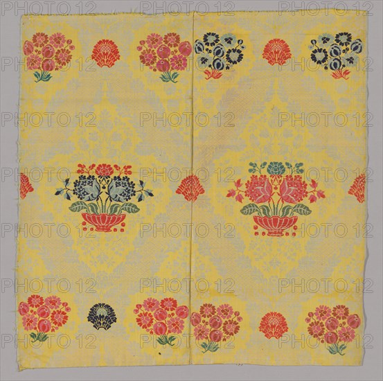 Two Joined Panels of Brocaded Yellow Furnishing Wool, England, c. 1720s. Creator: Unknown.