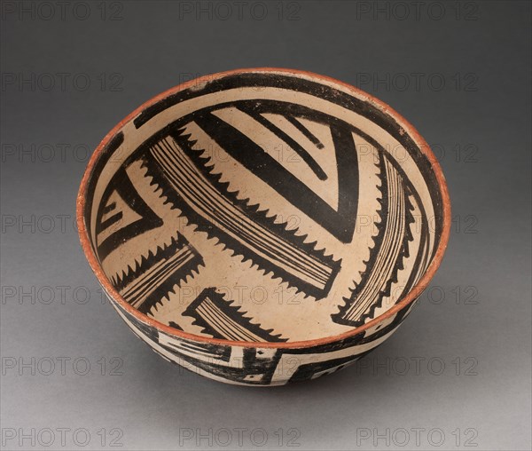 Bowl with Radiating Striped Bands and Triangles and Interlocking Zigzag on Exterior, A.D. 1300/1400. Creator: Unknown.