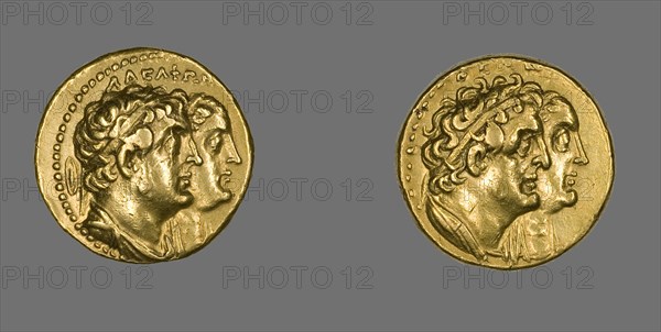 Tetradrachm (Coin) Portraying King Ptolemy II Philadelphos and Queen Arsinoe II, After 270 BCE. Creator: Unknown.