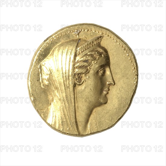 Octadrachm (Coin) Portraying Queen Arsinoe II, After 270 BCE, issued by King Ptolemy II or III. Creator: Unknown.