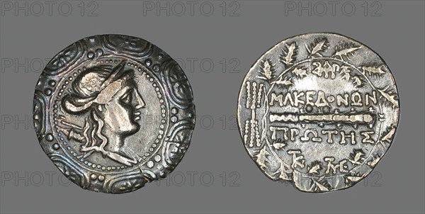 Tetradrachm (Coin) Depicting a Macedonian Shield with the Goddess Artemis, 158-149 BCE. Creator: Unknown.