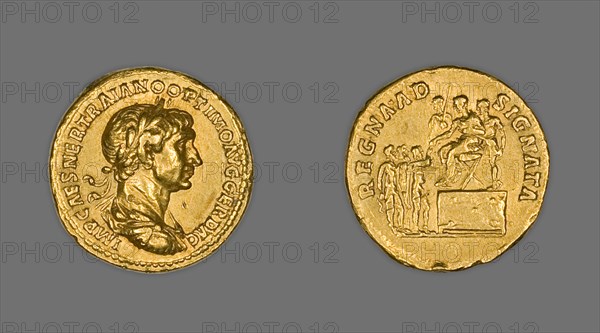 Aureus (Coin) Portraying Emperor Trajan, 114-115, issued by Trajan. Creator: Unknown.