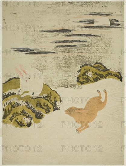Hares Playing in Surf on a Moonlit Night, c. 1771. Creator: Isoda Koryusai.