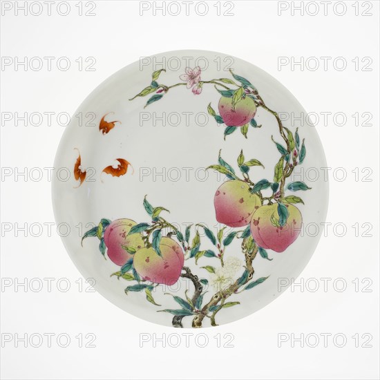 Dish with Fruiting Peaches, Tree Peony, Flowering Plum, and Bats, Qing dynasty, probably 19th cent. Creator: Unknown.