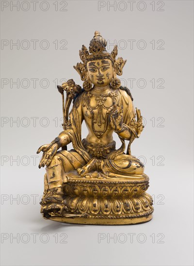 Green Tara, Seated in Pose of Royal Ease (Lalitasana), with Lotus Stalks on Right Shoulder..., (1403 Creator: Unknown.