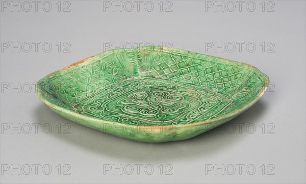 Square Dish with Flared, Scalloped Sides and Floral and Butterfly Design, Liao dynasty, 11th century Creator: Unknown.