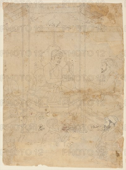 Akbar Offering Timur's Crown to Shah Jahan, Mughal period (1526-1857), ca. 1650-1700. Creator: Unknown.