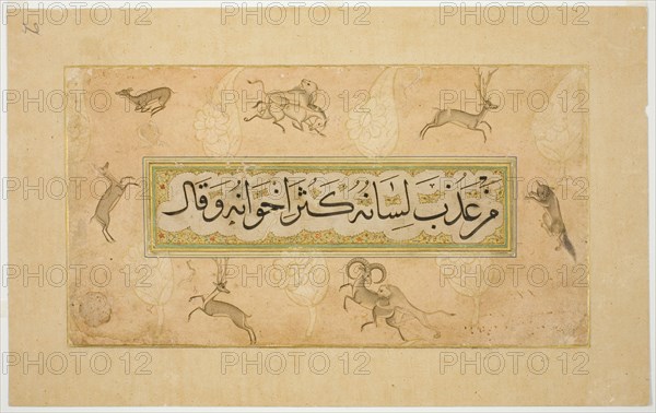 Album Page with Calligraphic Specimen and Animal Border, late 17th cent. (border); c16th cent... Creator: Unknown.