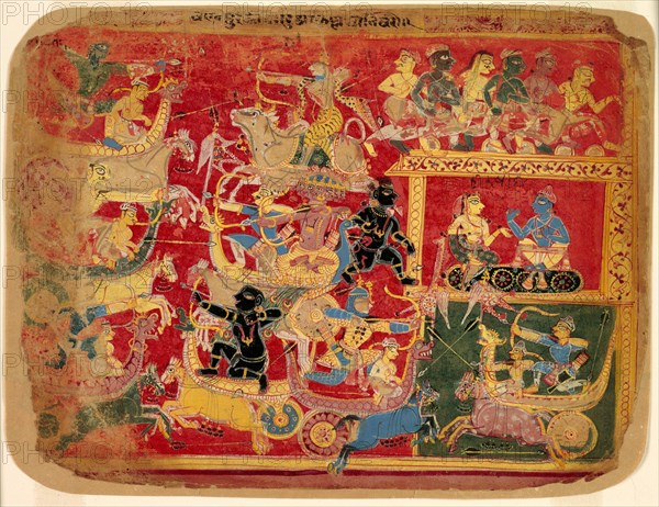 Battle of the Forces of Krishna and Bana, from a copy of the Dispersed Bhagavat Purana, c1520-30. Creator: Unknown.