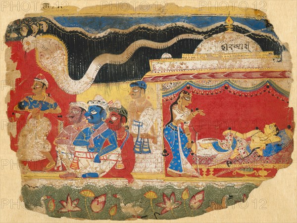 The Infant Krishna Spirited Away by Vasudev, from a copy of the Dispersed Bhagavat..., c1520-30. Creator: Unknown.