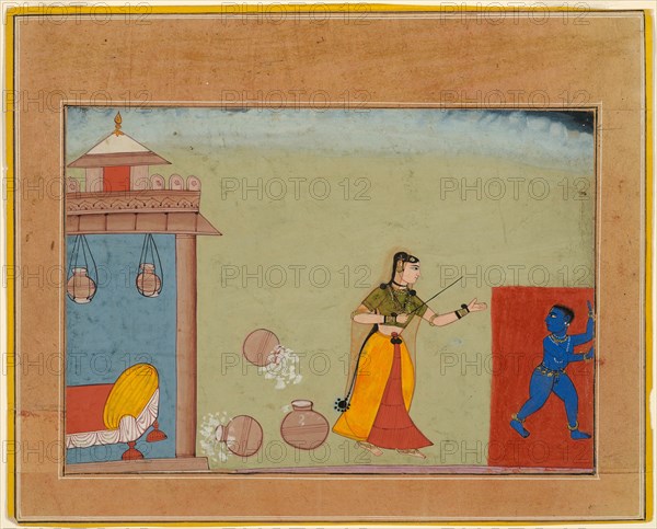 Yashoda Chastises Her Foster Son, the Youthful Krishna, page from a manuscript of the..., c1600. Creator: Unknown.