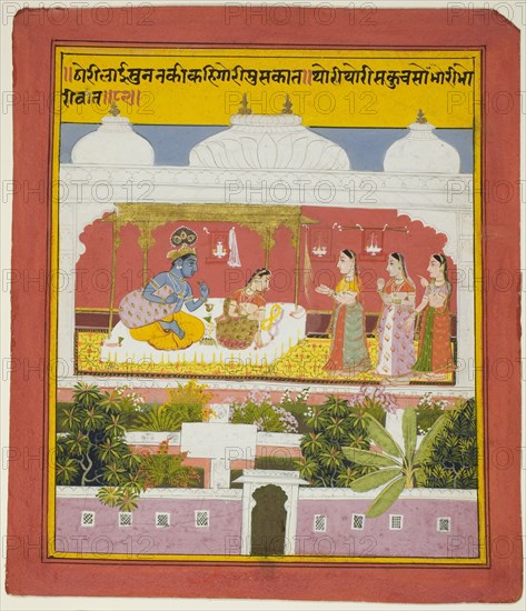Krishna and Radha in a Pavilion, from a copy of the Seven Hundred Verses (Sat Sai) of Bihari, 1719. Creator: Unknown.