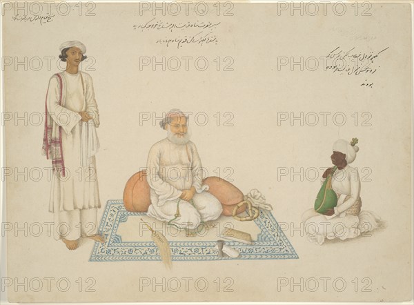 Shah Inayat Allah of Sind with his Musician Makkhu and his Attendant Shaykh Qiyam..., c. 1820. Creator: Unknown.
