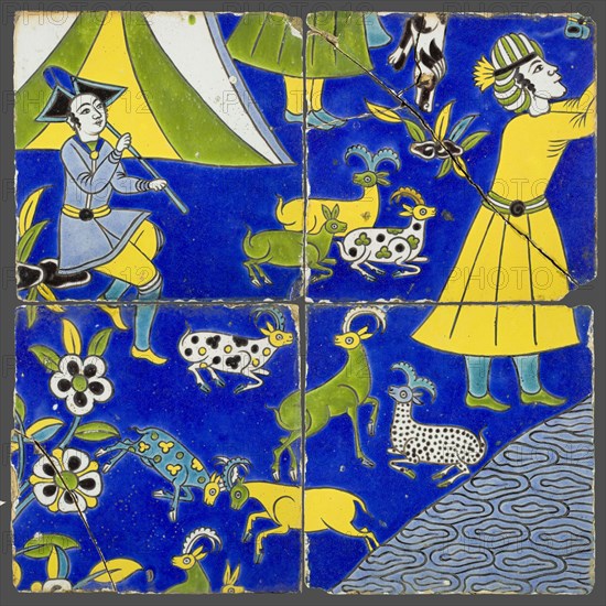 Four Tiles with a Figural Scene, Safavid dynasty (1501-1722), 17th century. Creator: Unknown.