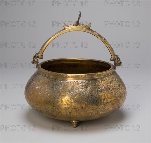 Bowl (Tas) with Attached Handles, Decorated with Horsemen and Solar Motif, 14th century. Creator: Unknown.
