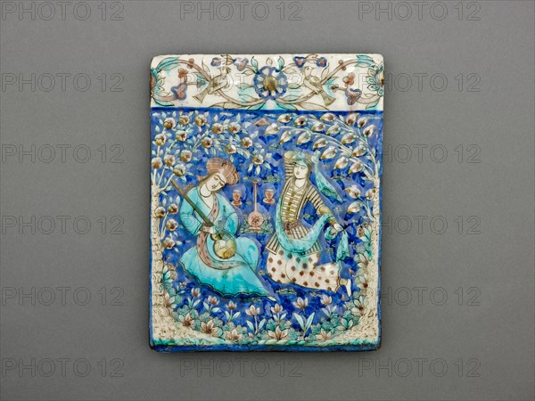 Rectangular Tile with Musician and Dancer, Qajar dynasty (1796-1925), 19th century. Creator: Unknown.