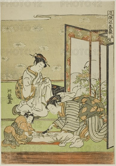 Cutting and Sewing (Tachinui), from the series "Collection of of Fashionable..., c. 1770/72. Creator: Isoda Koryusai.
