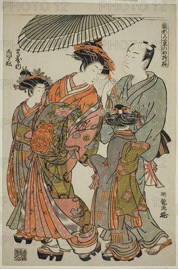 Shioginu of the Tsutaya, from the series "Models for Fashion: New Designs as Fresh..., c1777/78. Creator: Isoda Koryusai.