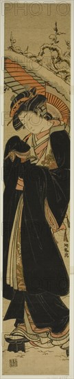 Young Woman with Umbrella Walking in Snow, c. 1777. Creator: Isoda Koryusai.