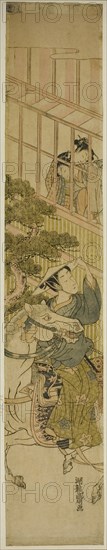 Young Man on Horseback and Two Women Watching from a Window, c. 1770. Creator: Isoda Koryusai.