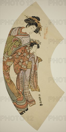 The Courtesan Hanaogi of the Ogiya and her attendant, from the series "Fans of the..., c. 1777/78. Creator: Isoda Koryusai.