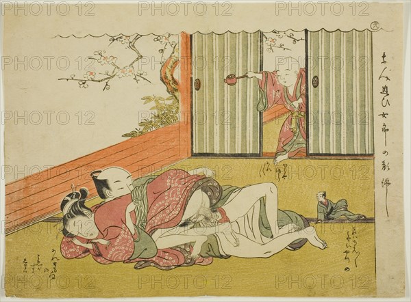 Lovers Interrupted, sheet 18 from the series "Poems of the Husband and Wife Mane..., c. 1770/71. Creator: Isoda Koryusai.