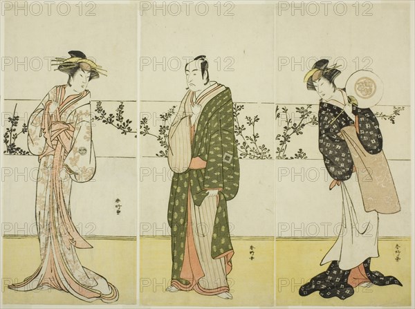 The Actors Osagawa Tsuneyo II (right), Ichikawa Monnosuke II (center), and Segawa..., c. 1785. Creator: Katsukawa Shunko.