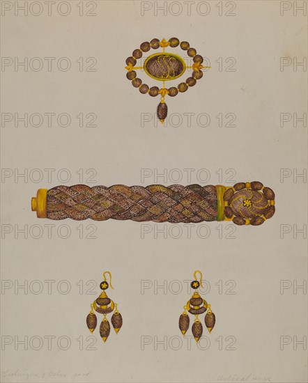 Hair Bracelet, Earrings, and Brooch, c. 1936. Creator: Florence Stevenson.