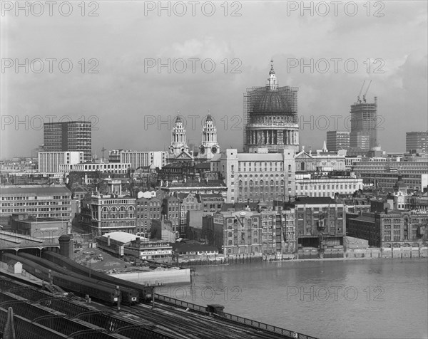 London skyline looking north-east from Blackfriars railway bridge, 03/03/1966. Creator: John Laing plc.