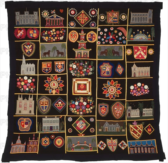 Quilt with Buildings, Animals, and Coats of Arms, New York, c.  1890.